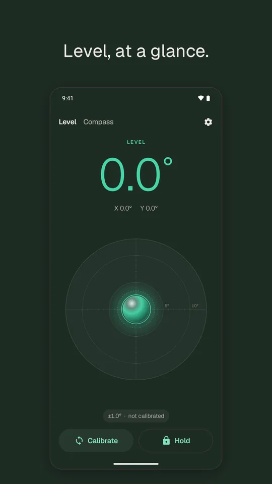 Level at level: the screen glows jade at 0.0°