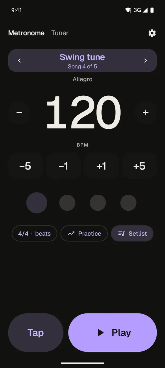 Set up a song: ±1 and ±5 steps, tap tempo, beats
