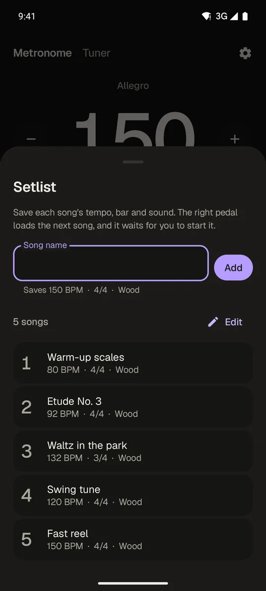 A setlist of five songs with their tempos