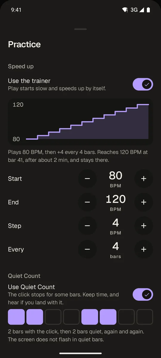 Practice: a tempo trainer graph and Quiet Count