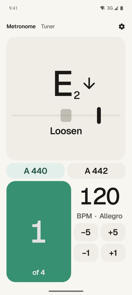 Tuner and metronome together, in the light theme
