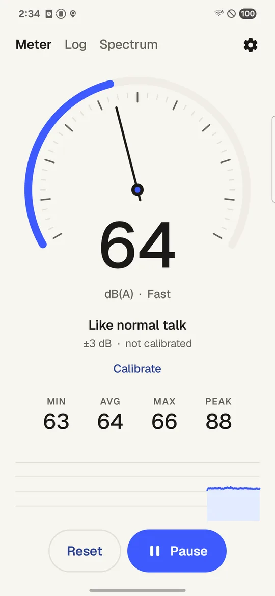 The meter: a big dB(A) number with its accuracy line