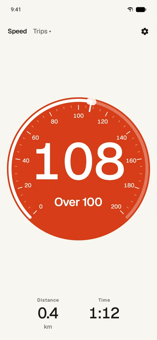 Over the 100 km/h alert: the whole dial is coral, with Over 100