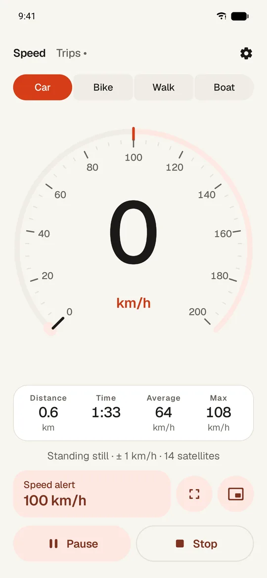 Standing still: 0 km/h, ± 1 km/h and 14 satellites, the trip numbers and buttons