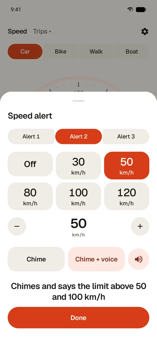Speed alerts: two limits, 50 and 100 km/h, with chime and voice