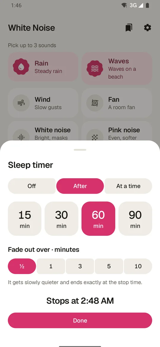 Sleep timer: stop after 15, 30, 60 or 90 minutes