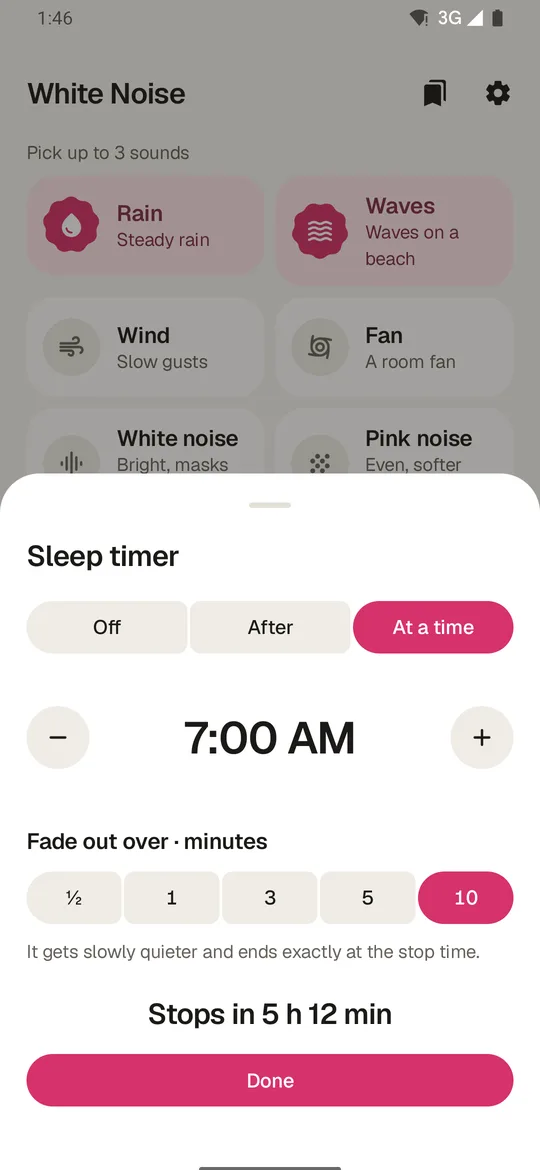 Sleep timer: stop at a clock time, with a 10 minute fade