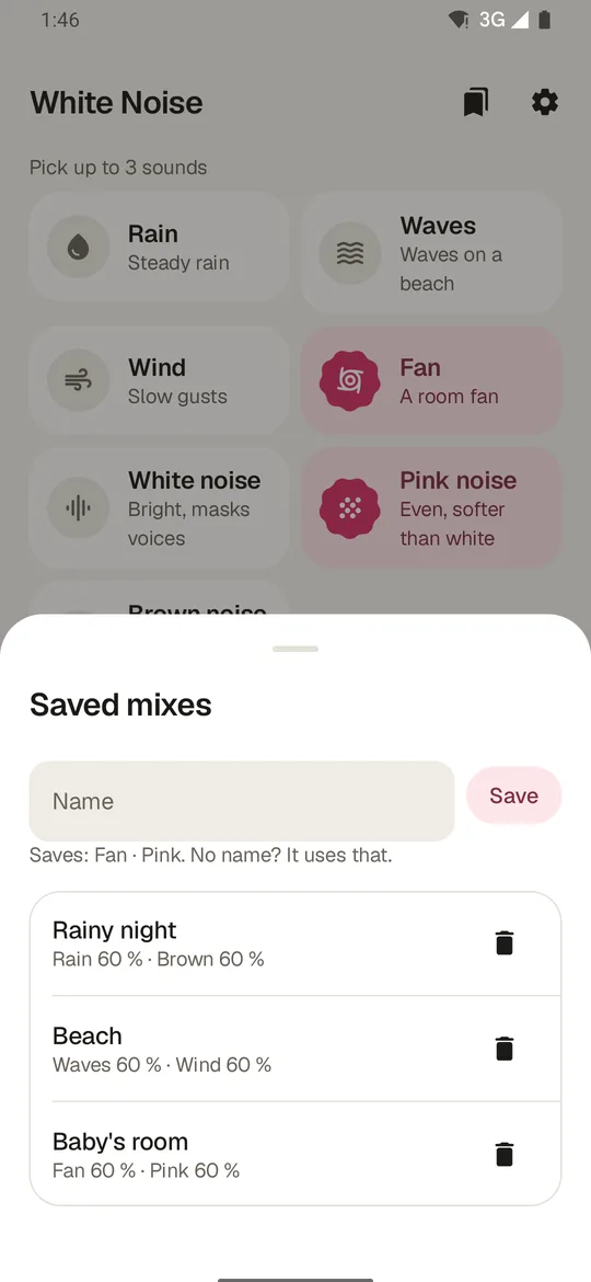 Saved mixes: Rainy night, Beach, Baby's room